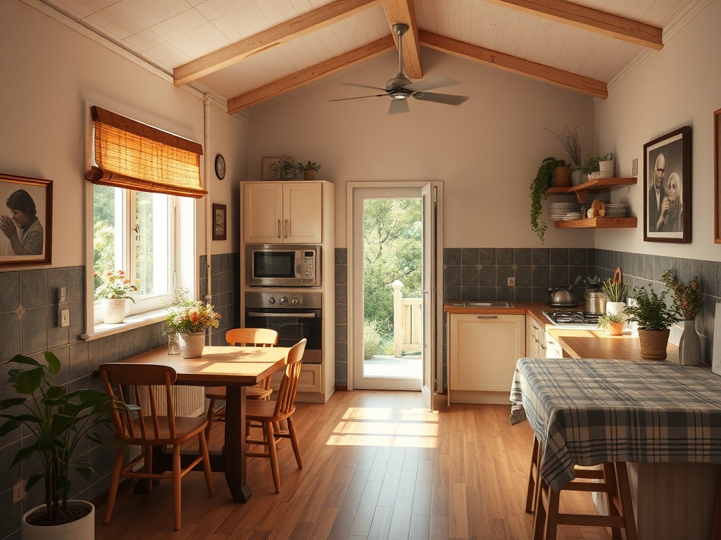 Светлая кухня с деревянными потолками, столом, стульями и окном, открывающим вид на природу.