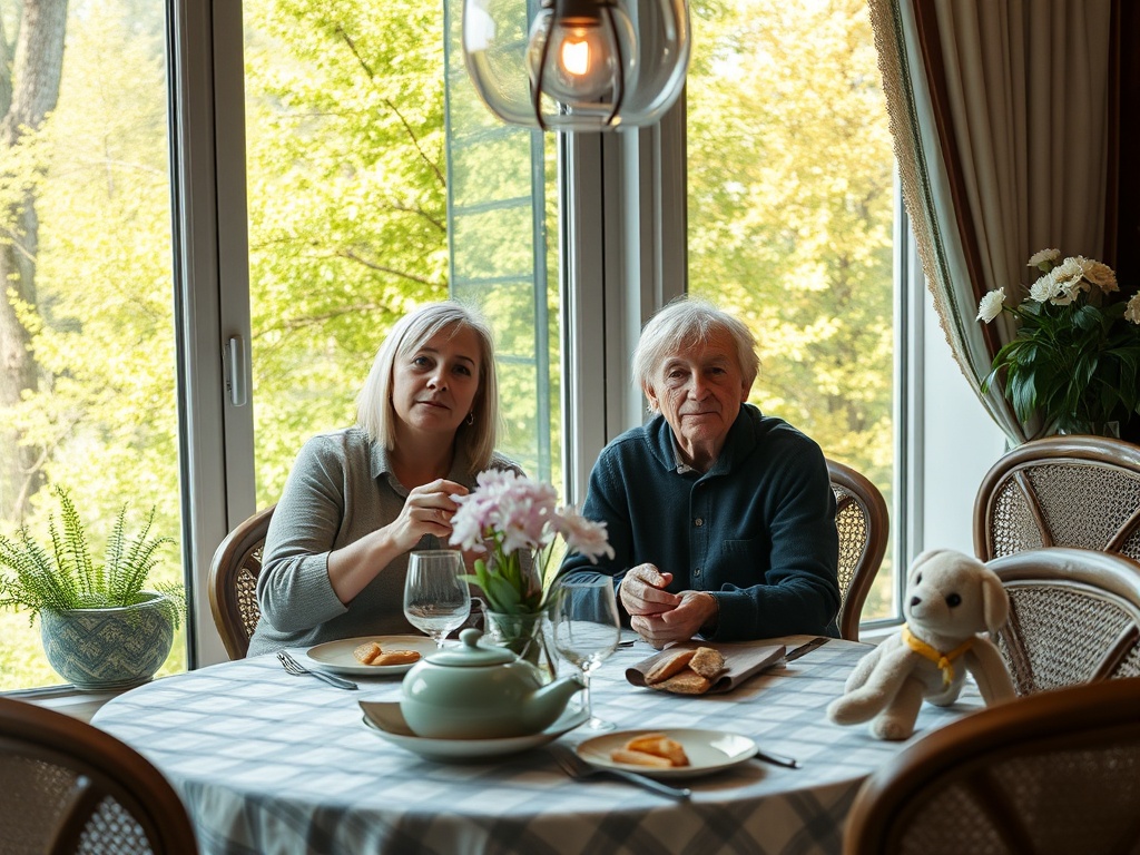 На картине два человека за столом, освещённым солнечным светом, на фоне зелёных деревьев и цветочных растений.