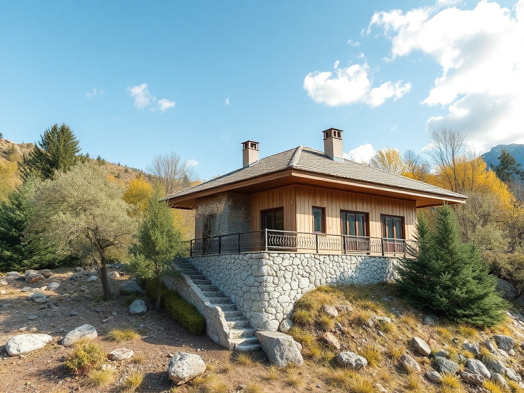 Современный деревянный дом на каменном основании в окружении деревьев и гор в солнечный день.