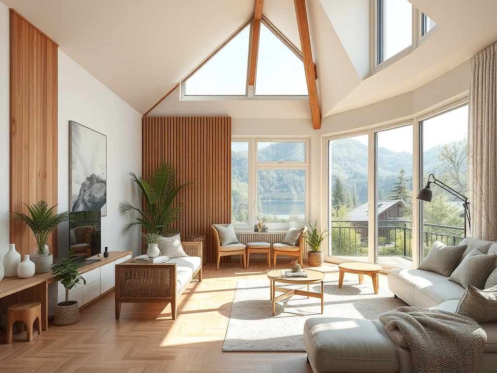 Светлая гостиная с большими окнами, деревянными деталями и видом на горы и озеро. Уютная атмосфера.