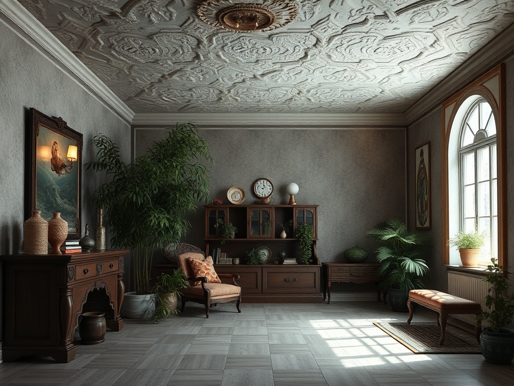Светлая комната с антикварной мебелью, растениями и картиной на стене. Большое окно с хорошим освещением.
