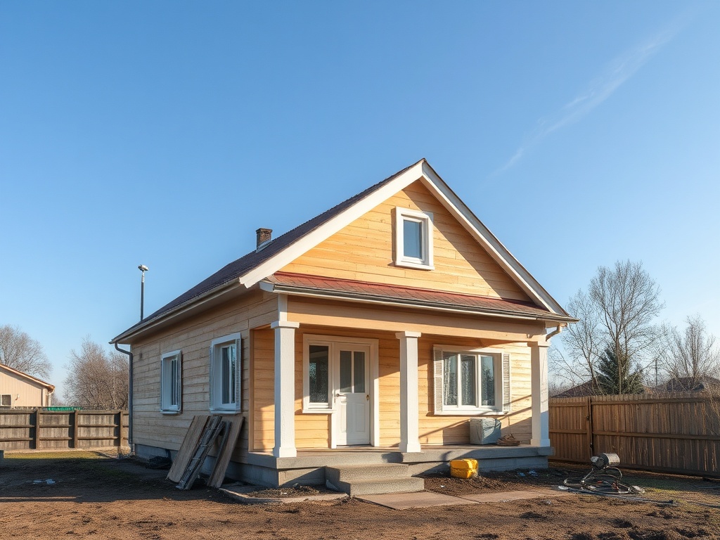 Деревянный дом с белыми окнами и крышей, окруженный участком и заброшенной территории. Голубое небо.