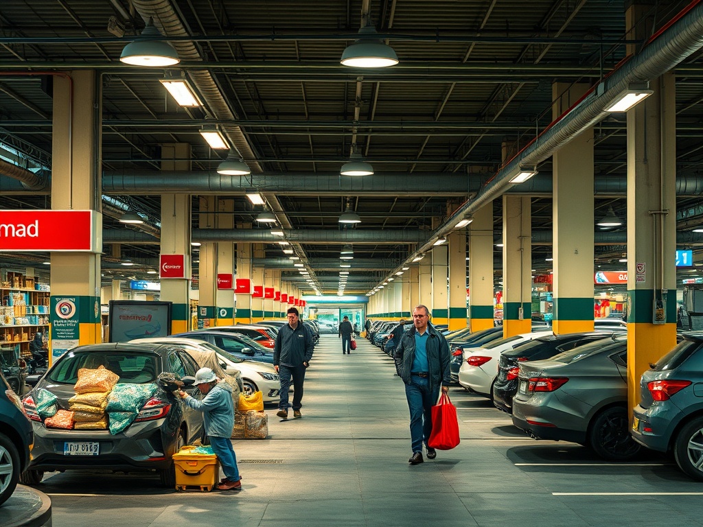 Парковка с людьми и автомобилями, один человек с сумкой, другой занимается погрузкой товара.