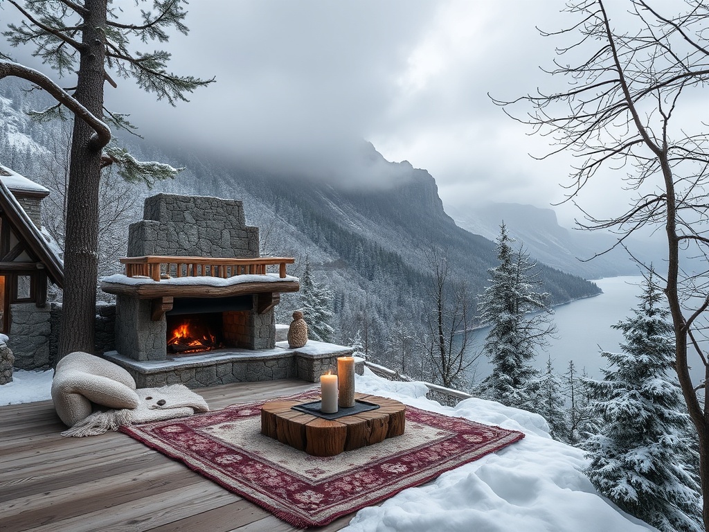 Уютная беседка на фоне снежного пейзажа с камином и видом на реку и горы.