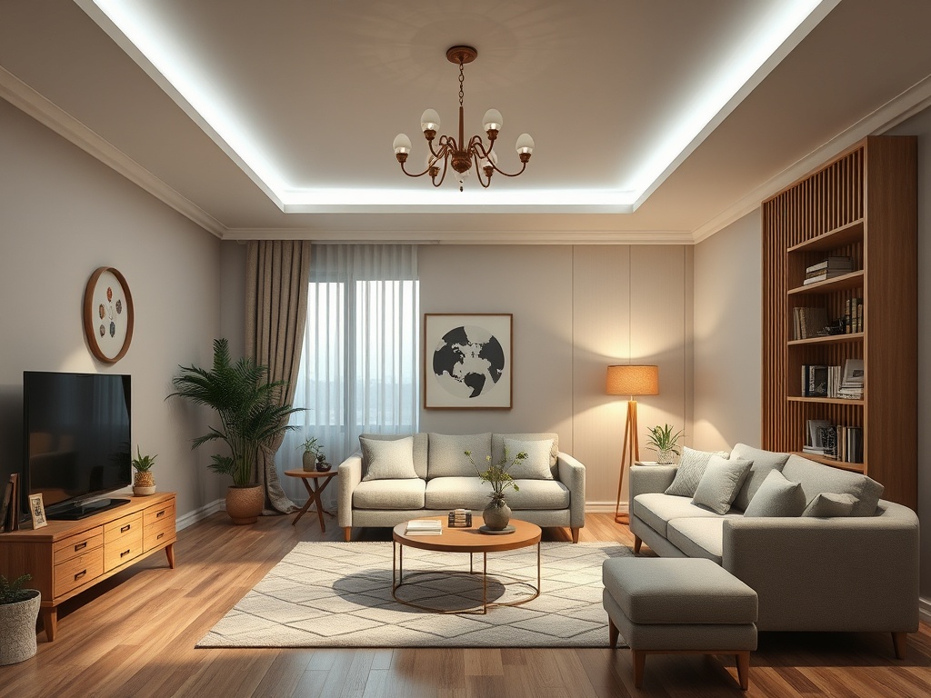 Современная гостиная с мягкой мебелью, картинами, телевизором и растениями в уютной атмосфере.