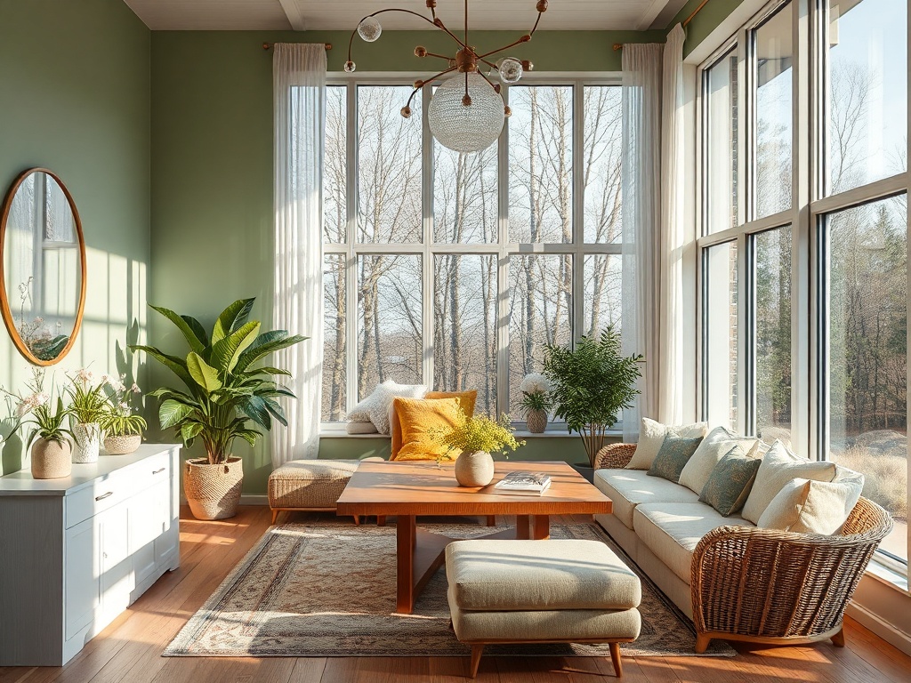 Светлое помещение с большими окнами, зелеными растениями и уютной мебелью, создающее атмосферу комфорта.