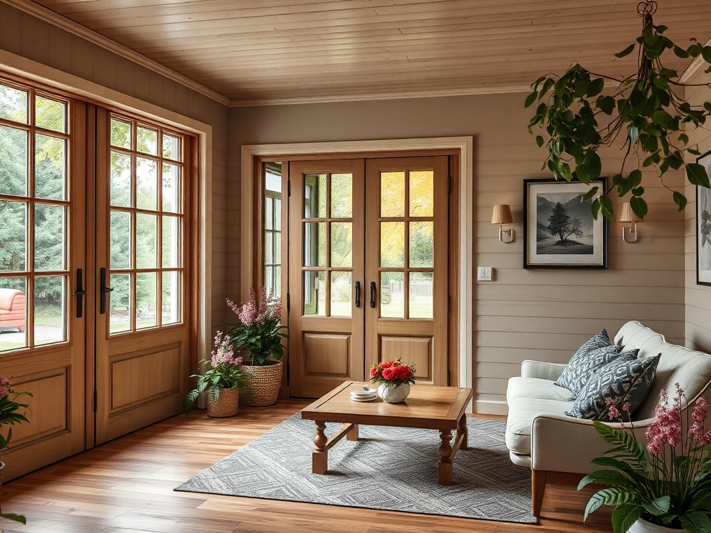 Светлая комната с большими окнами, уютным диваном и растениями, создающая атмосферу уюта и спокойствия.