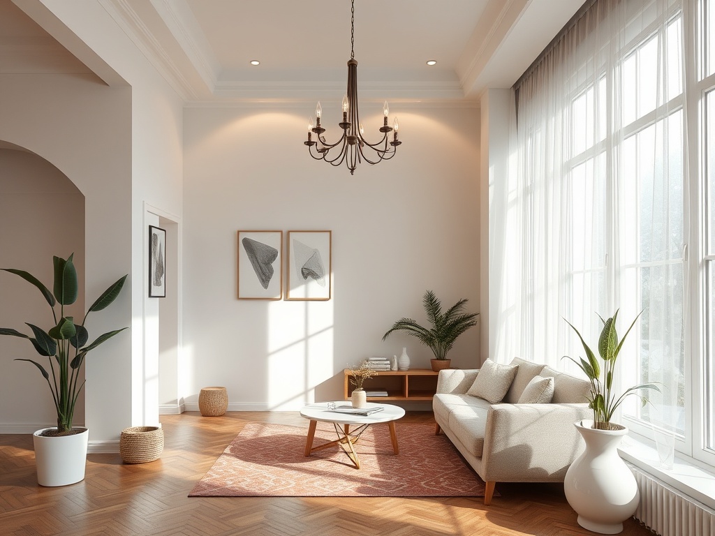 Светлая гостиная с большим окном, уютным диваном и растениями, оформленная в современном стиле.