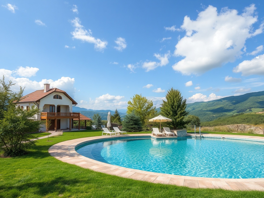 Современный дом с бассейном на фоне зелёных холмов и яркого голубого неба. Уютная обстановка для отдыха.