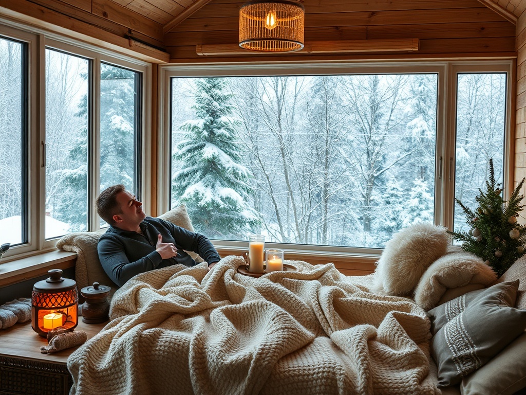 Человек сидит в уютном уголке с одеялом на фоне снежного пейзажа за окном. Тепло, свечи, спокойствие.