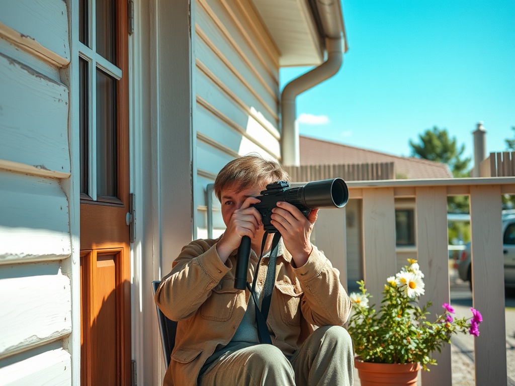 Мальчик сидит на веранде, наводя камеру на что-то, в окружении цветущих растений и солнечного дня.